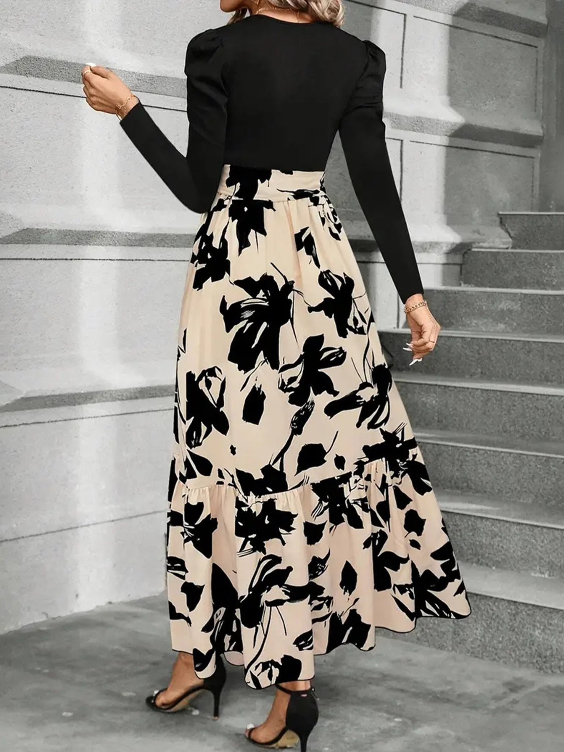 Tied Printed Round Neck Long Sleeve Midi Dress - ShopEasier