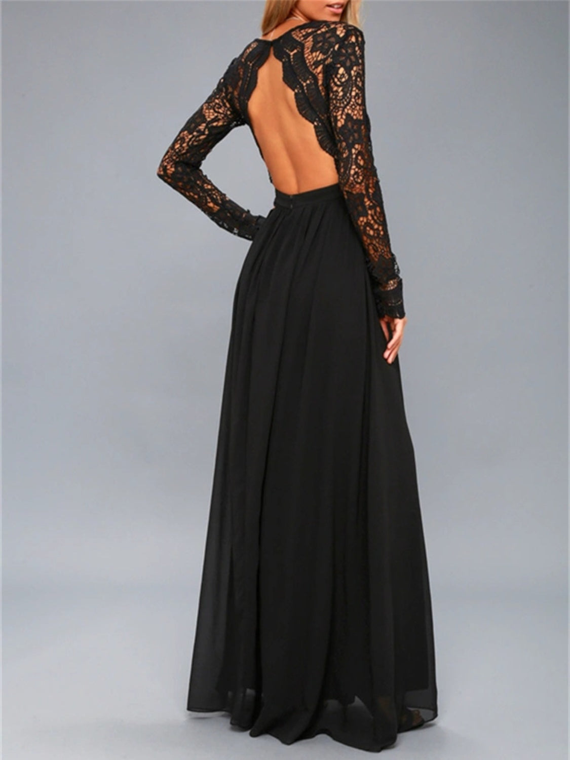 Lace Detail Backless Long Sleeve Maxi Dress - ShopEasier