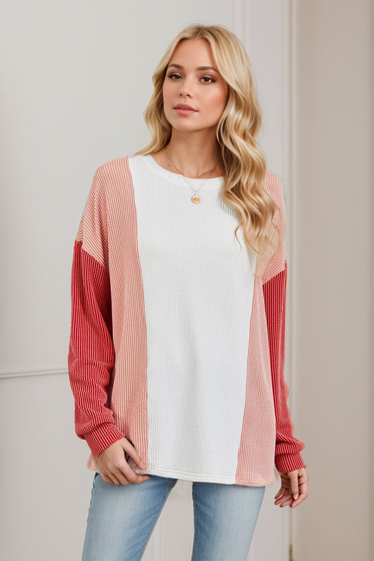 Textured Contrast Long Sleeve Round Neck Tee