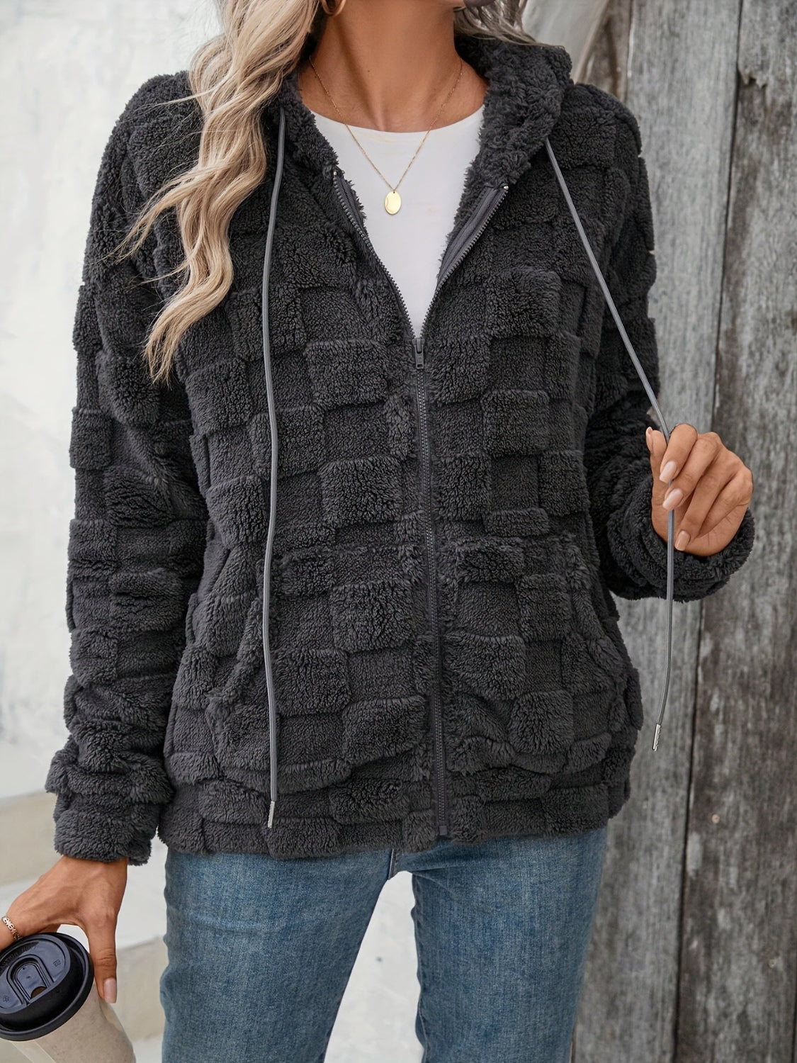 Checkered Texture Zip Up Drawstring Fuzzy Jacket - ShopEasier