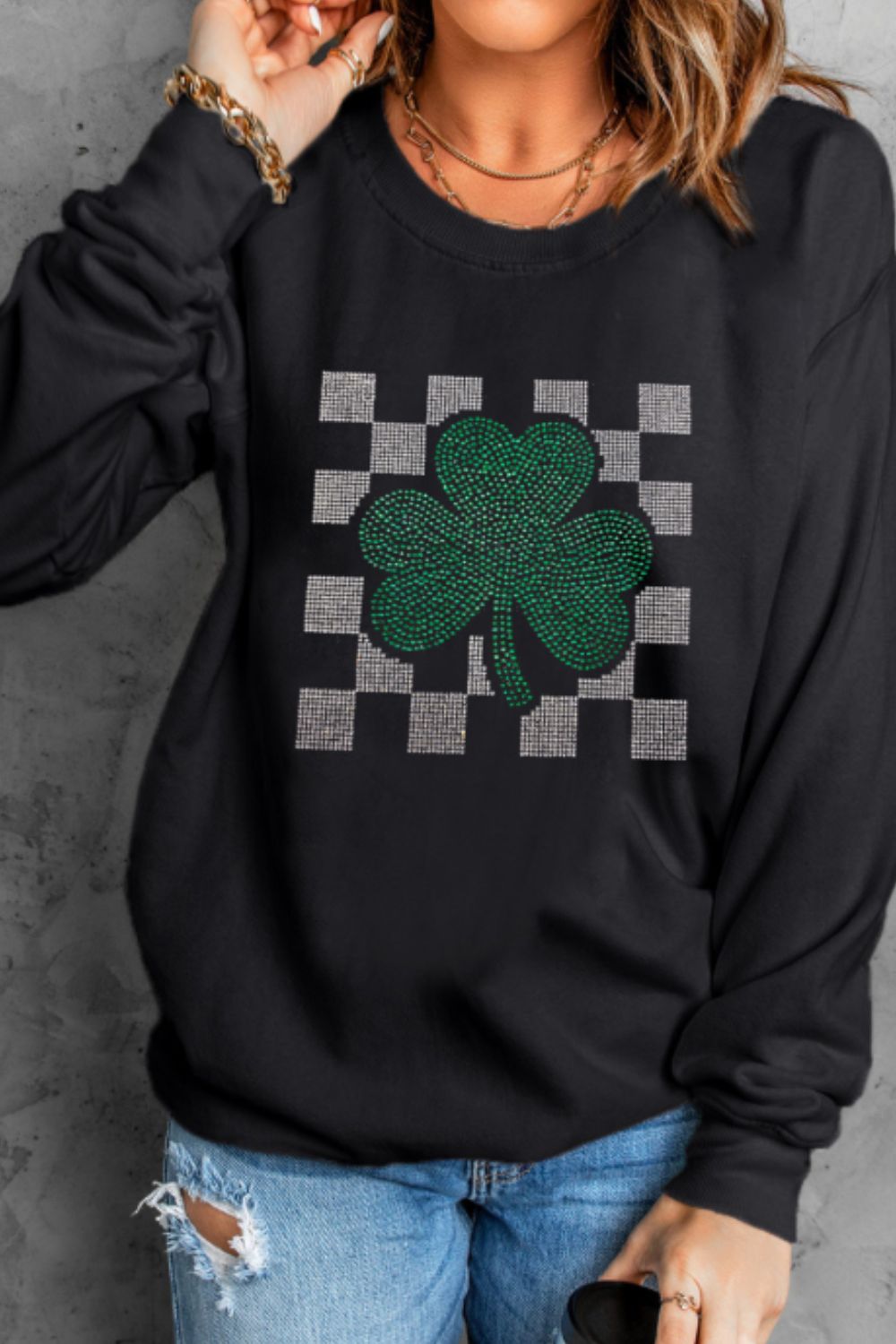 Rhinestone-Embellished Checkered Clover Crewneck Sweatshirt