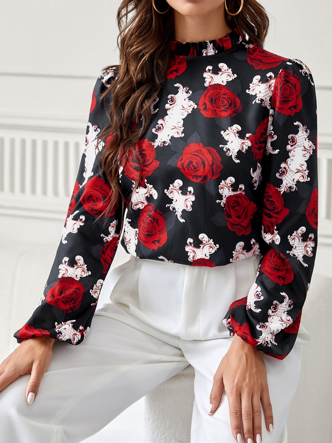 Frilled Floral High Neck Blouse with Long Sleeves