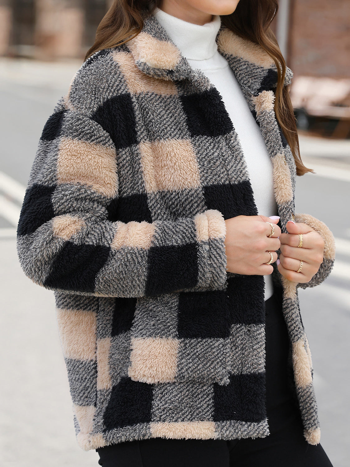 Button Up Drop Shoulder Fuzzy Jacket - ShopEasier