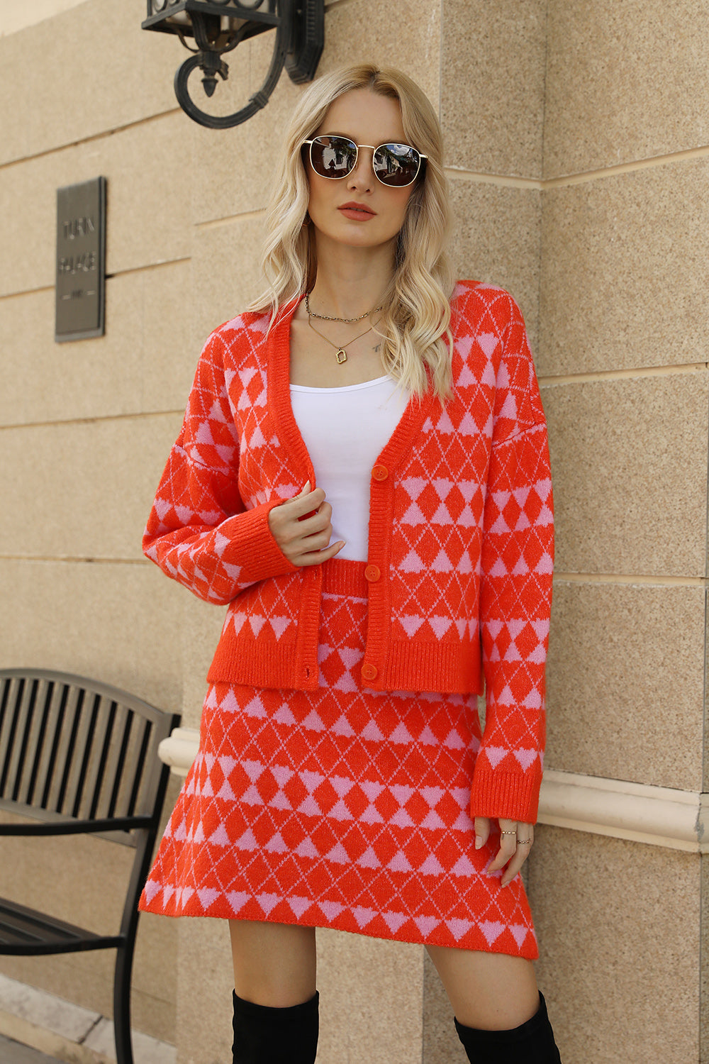 Sleek Geometric Knit Cardigan and Skirt Ensemble