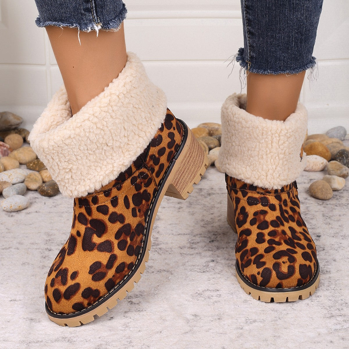 Leopard Block Heel Fuzzy Boots - ShopEasier