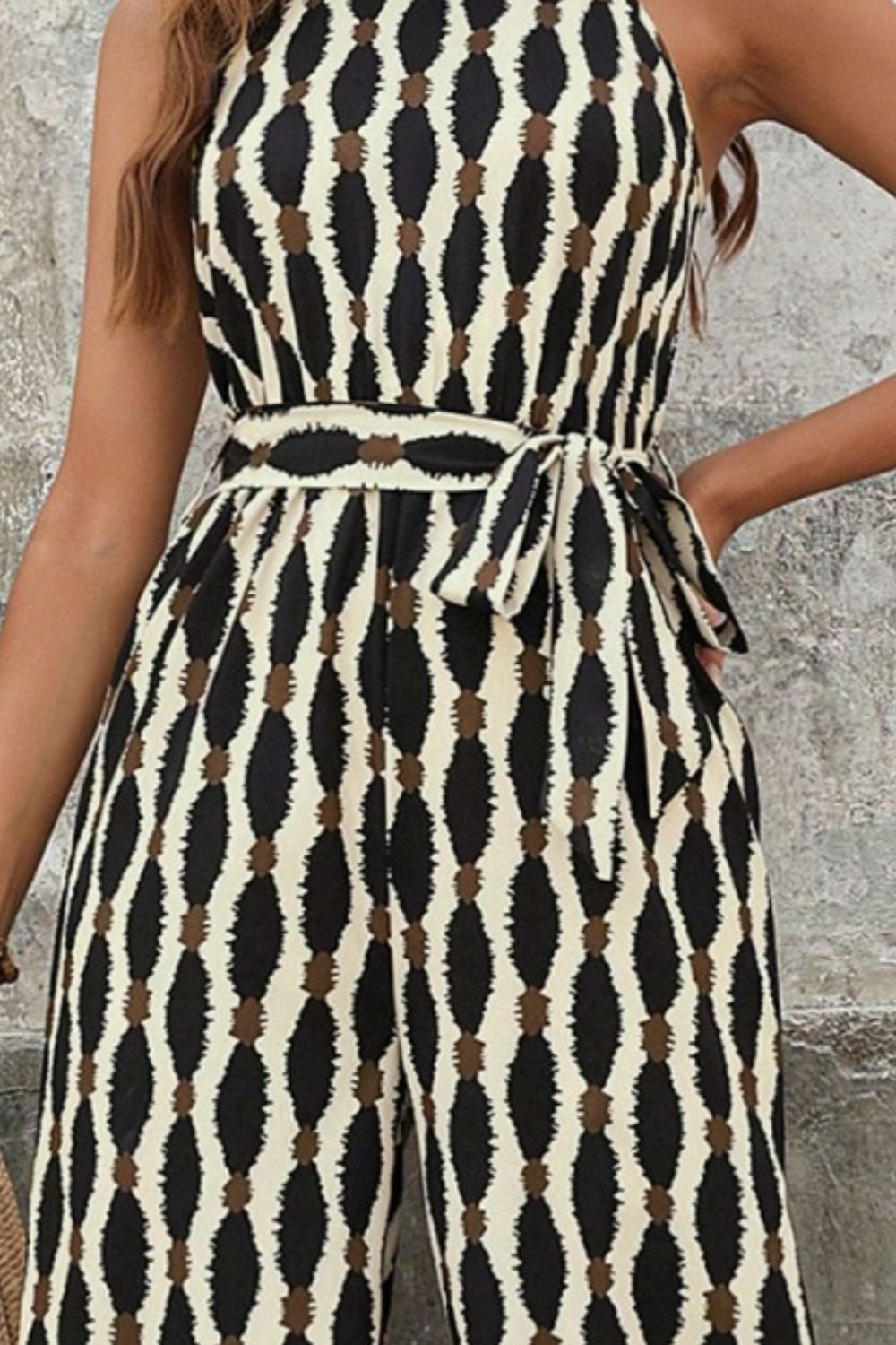 Grecian-Style Tied Neck Printed Jumpsuit