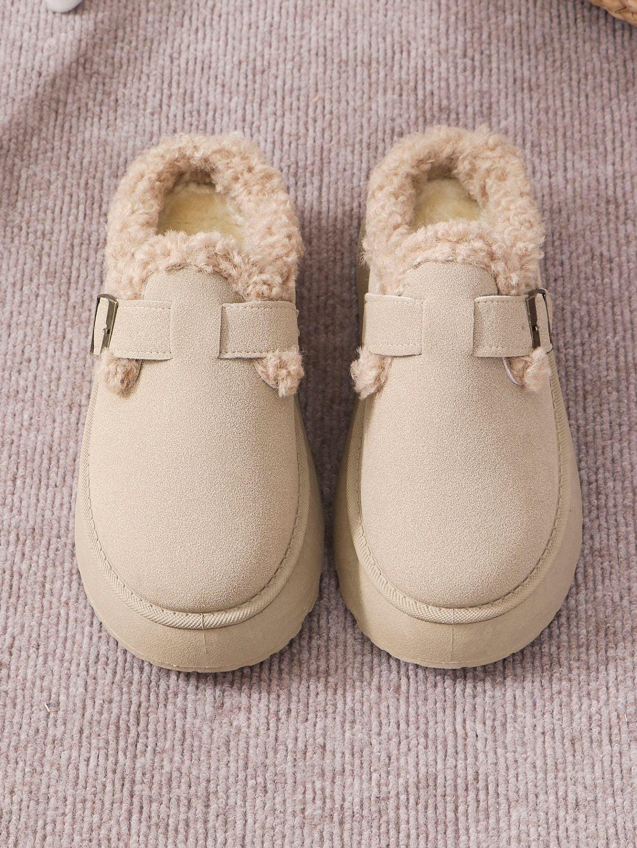 Cozy Faux Fur Buckle Platform Slippers