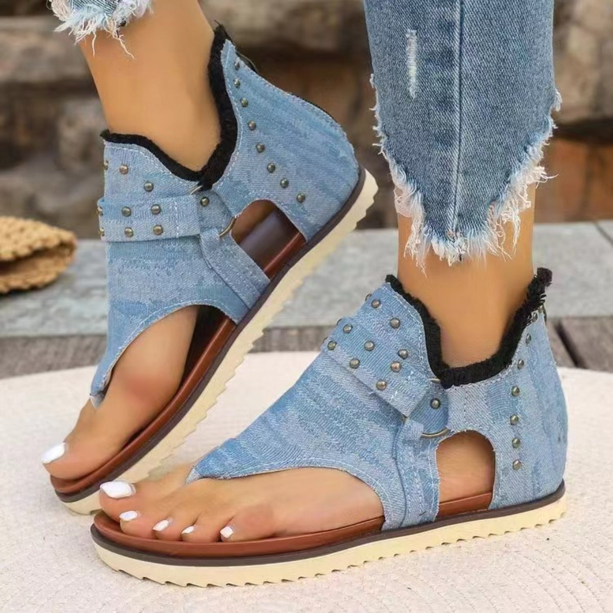 Embellished Raw Hem Flat Sandals