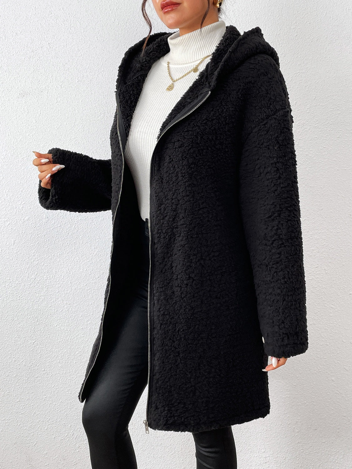 Zip Up Long Sleeve Sherpa Hooded Coat - ShopEasier