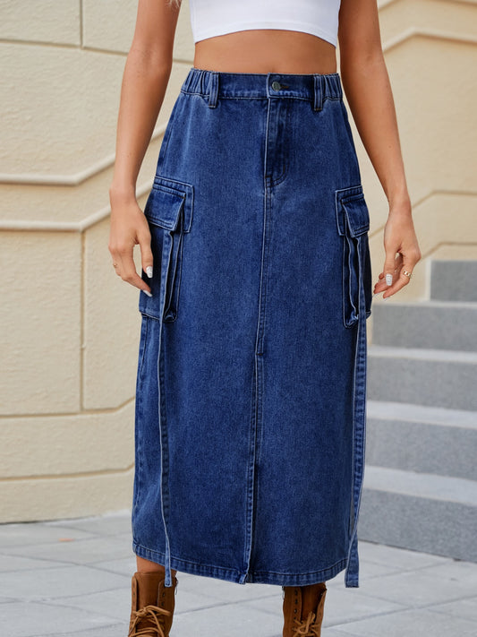 High-Waisted Denim Skirt with Slit Pockets