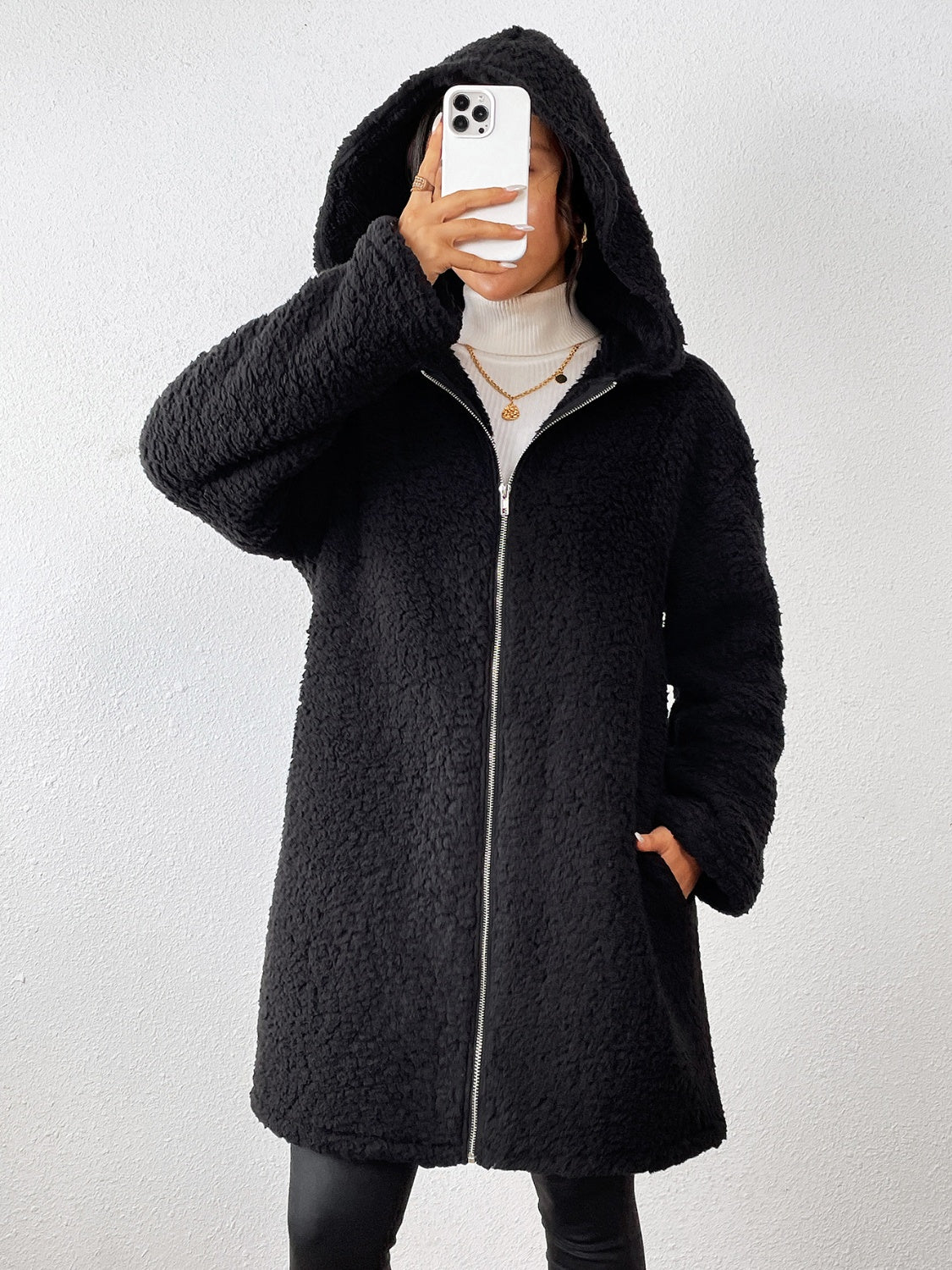 Zip Up Long Sleeve Sherpa Hooded Coat - ShopEasier