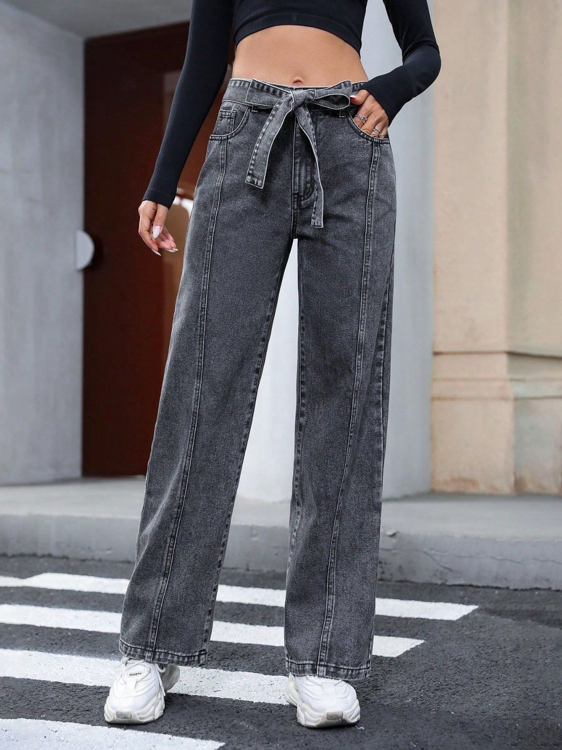 Tied Straight Leg Jeans with Pockets - ShopEasier