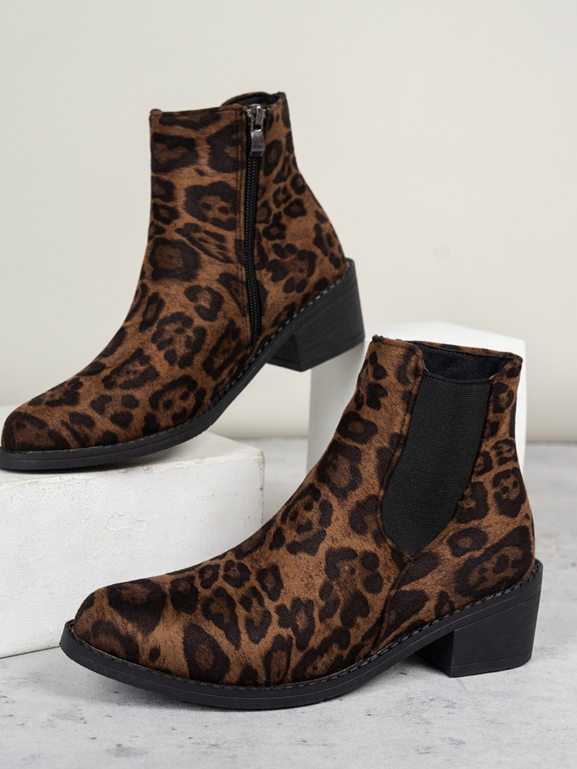 Leopard Point Toe Block Heel Boots - ShopEasier