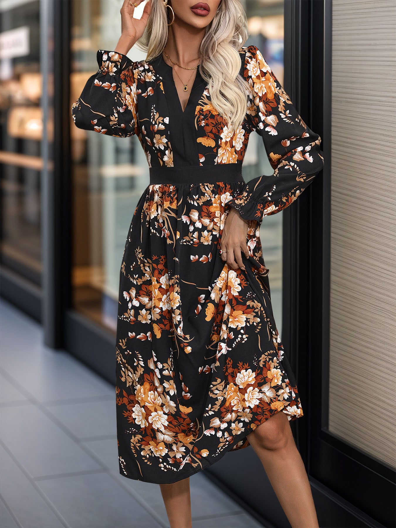 Perfee Printed Notched Long Sleeve Midi Dress - ShopEasier