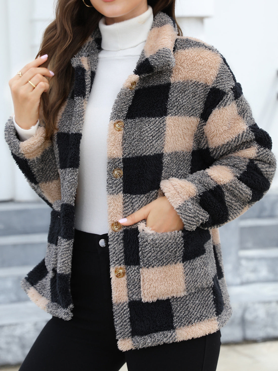 Button Up Drop Shoulder Fuzzy Jacket - ShopEasier