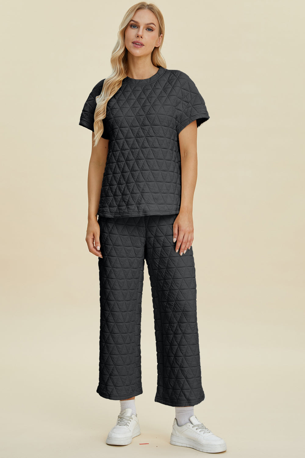 Versatile Duo: Textured Short Sleeve Top and Pants Set