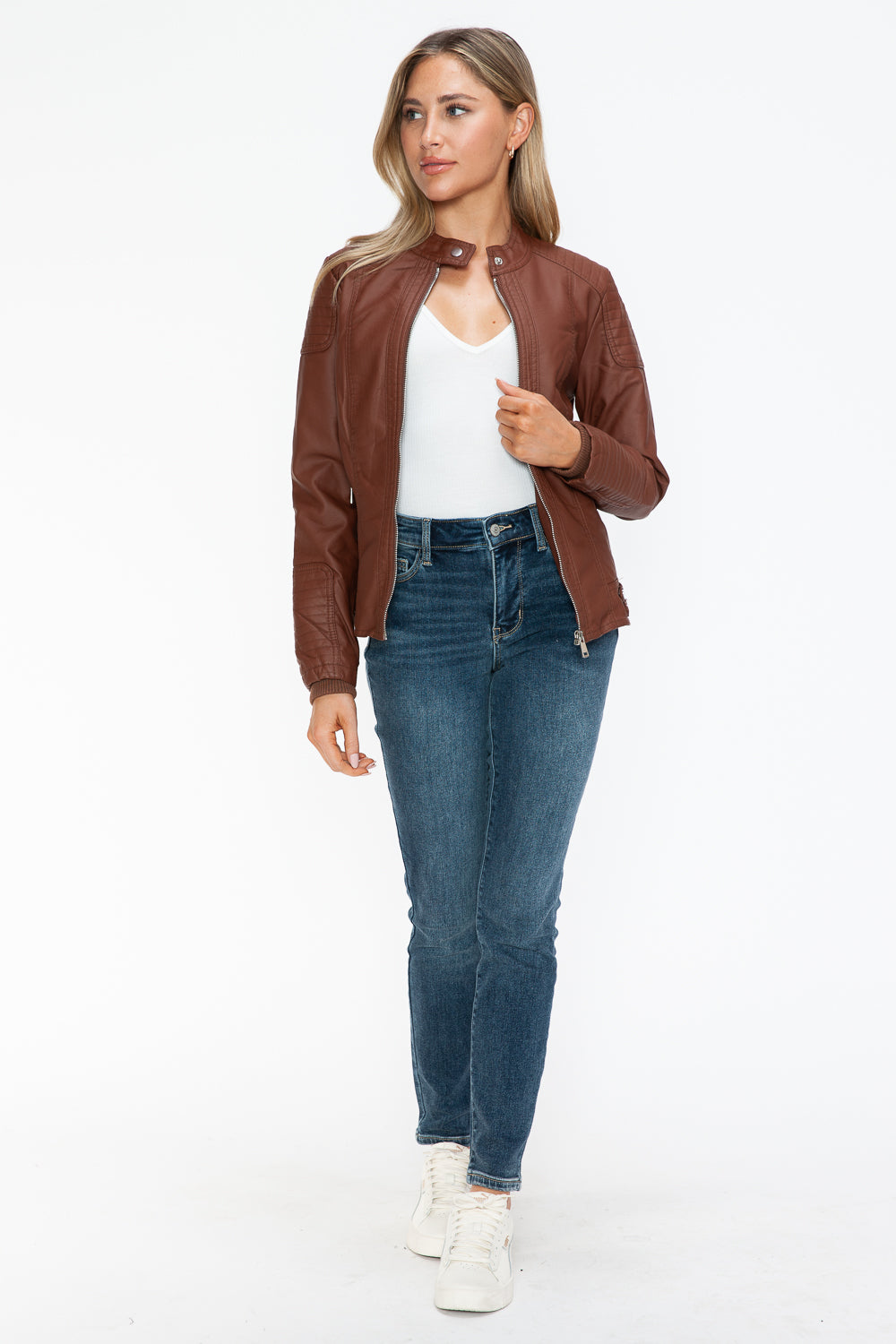 Snobbish Faux Leather Biker Jacket with Side Zip Pockets - ShopEasier