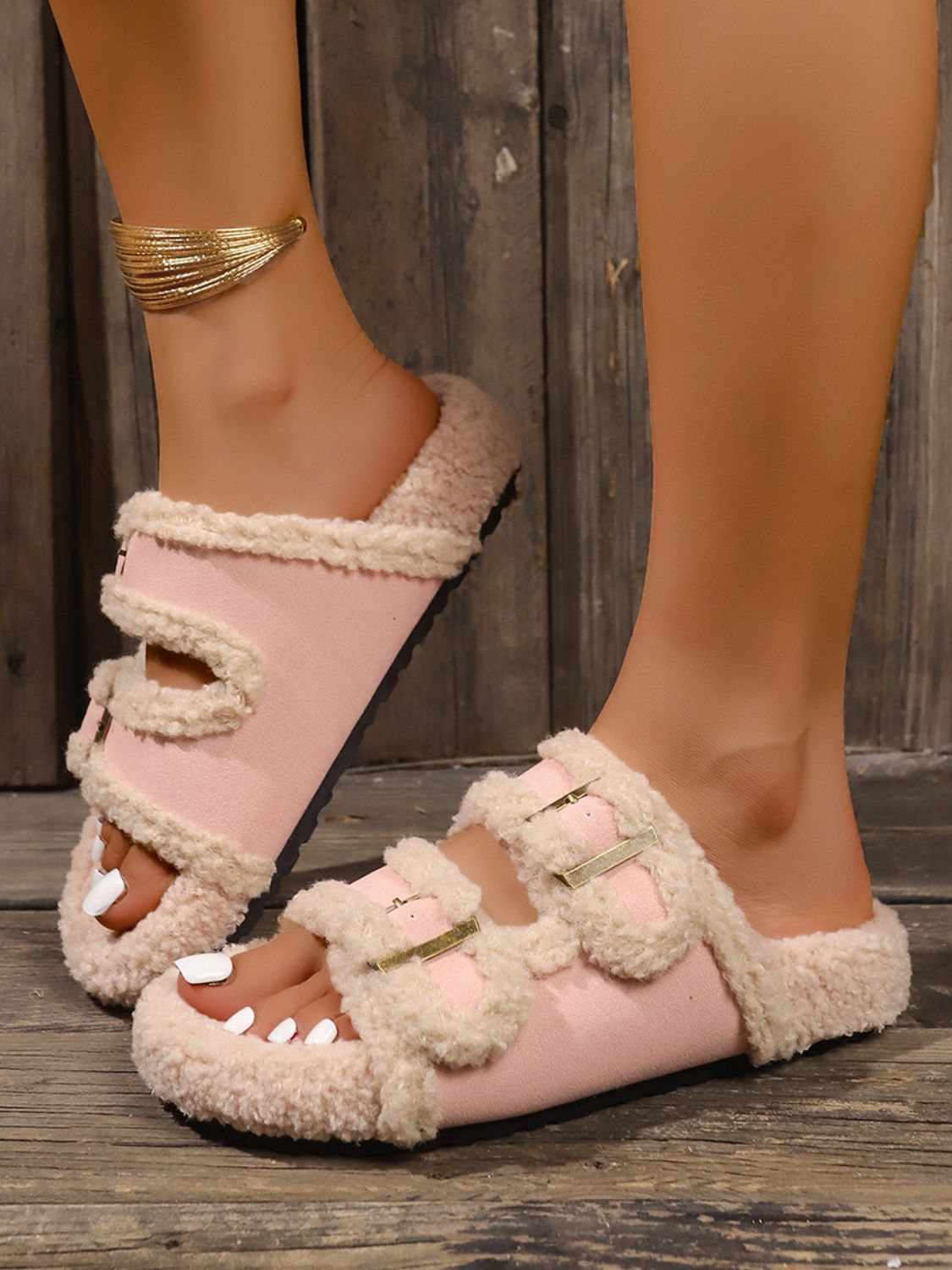 Plush Faux Fur Contrast Slide Slippers