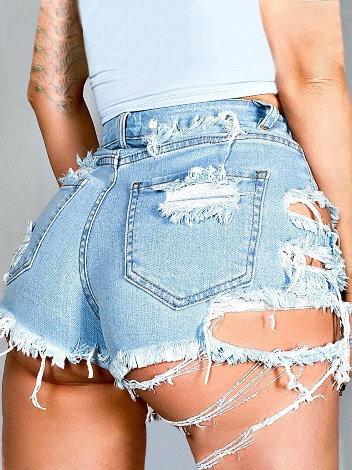 Distressed Pocketed Denim Shorts with Raw Hem Finish