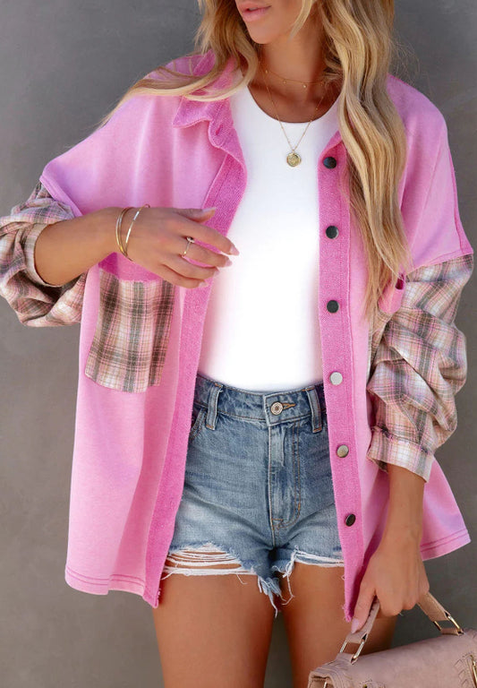 Plaid Button Up Shacket with Chest Pockets - ShopEasier