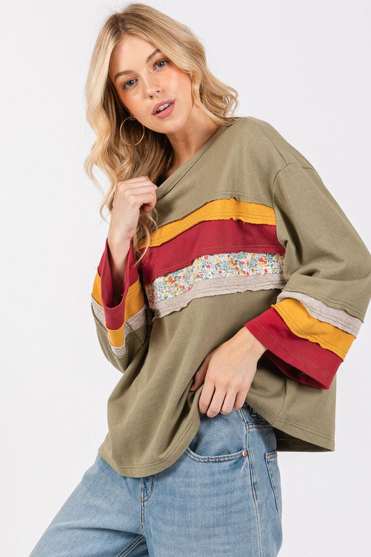 Color Blocked French Terry 3/4 Sleeve Top with Floral Contrast