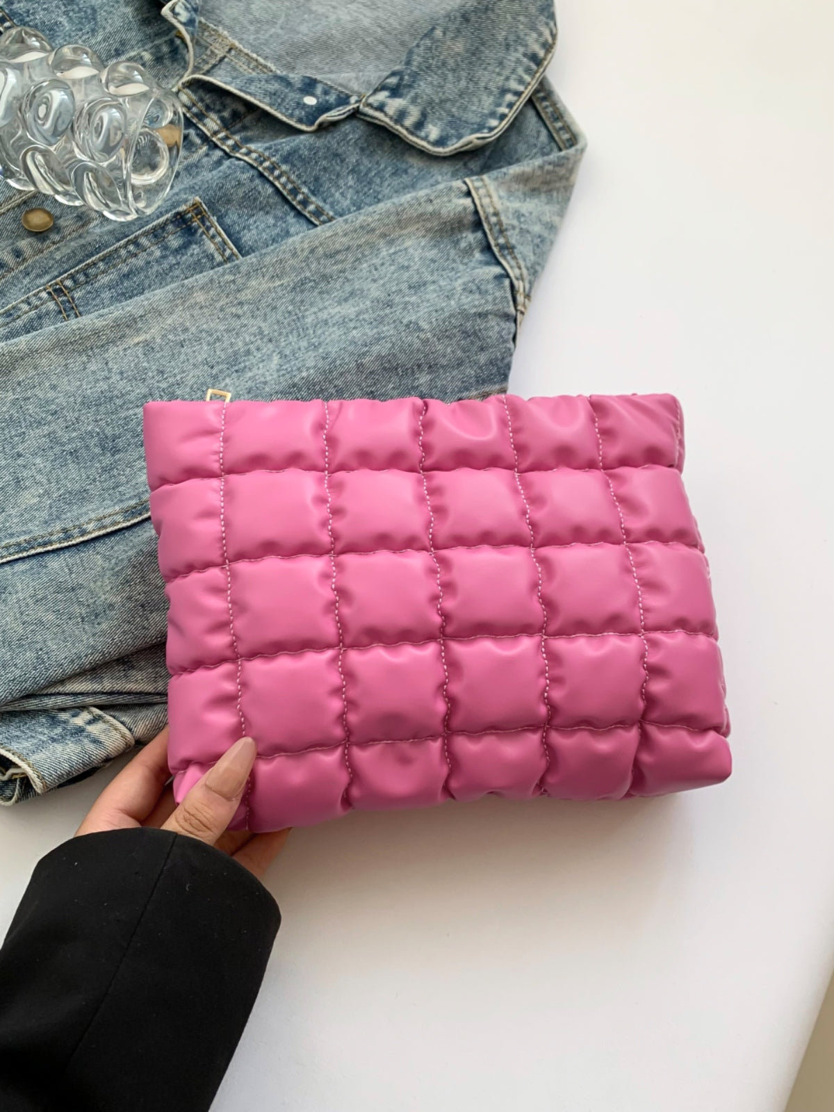 Plaid Quilted Zippered Clutch Bag