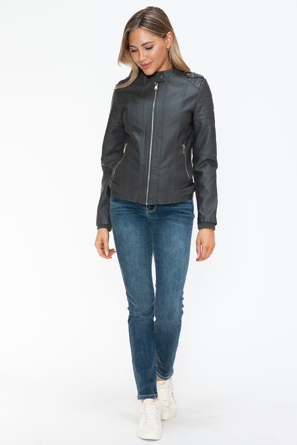 Snobbish PU Leather Biker Jacket with Side Zip Pockets - ShopEasier