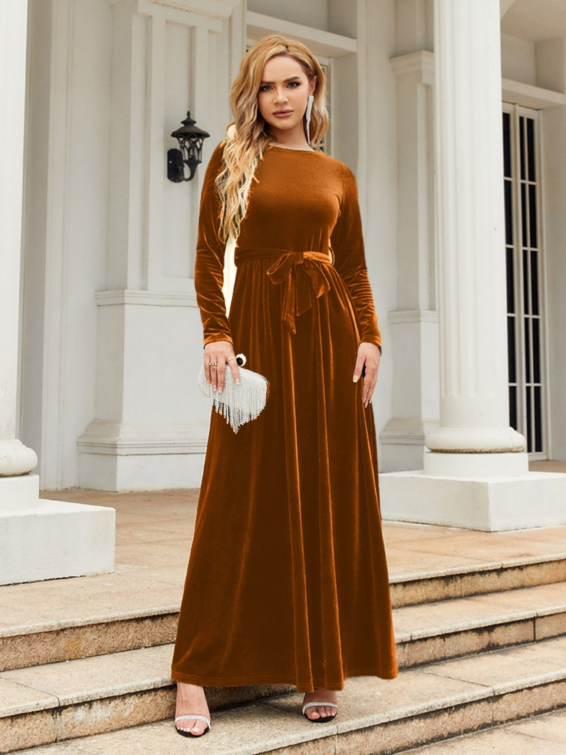 Tie Front Round Neck Long Sleeve Maxi Dress - ShopEasier