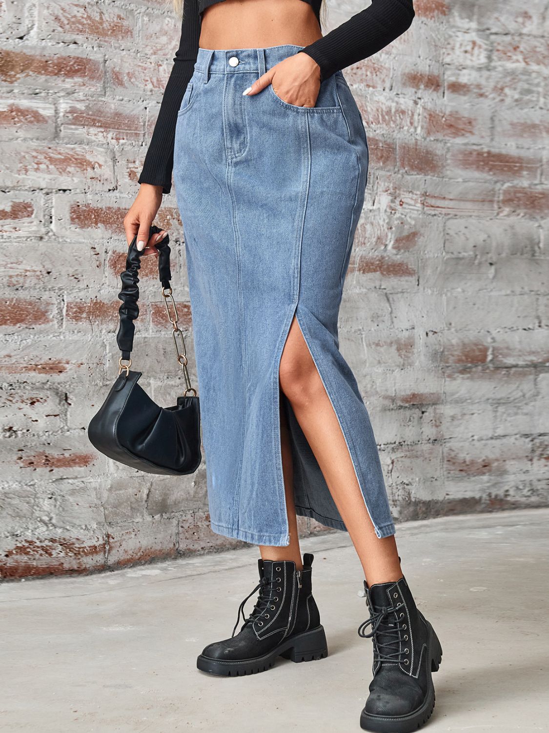 High-Waisted Denim Skirt with Side Slit and Pockets