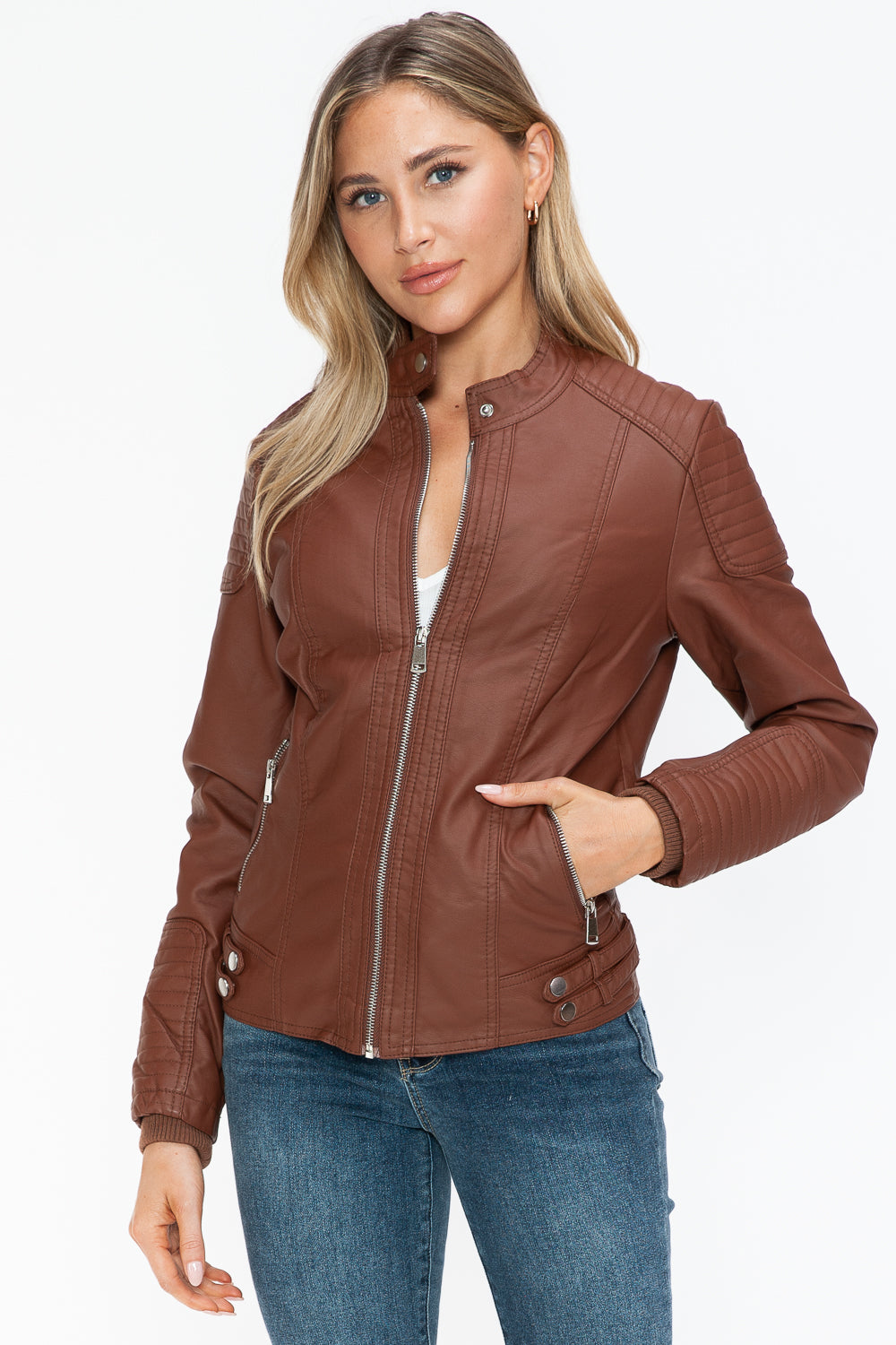 Snobbish Faux Leather Biker Jacket with Side Zip Pockets - ShopEasier