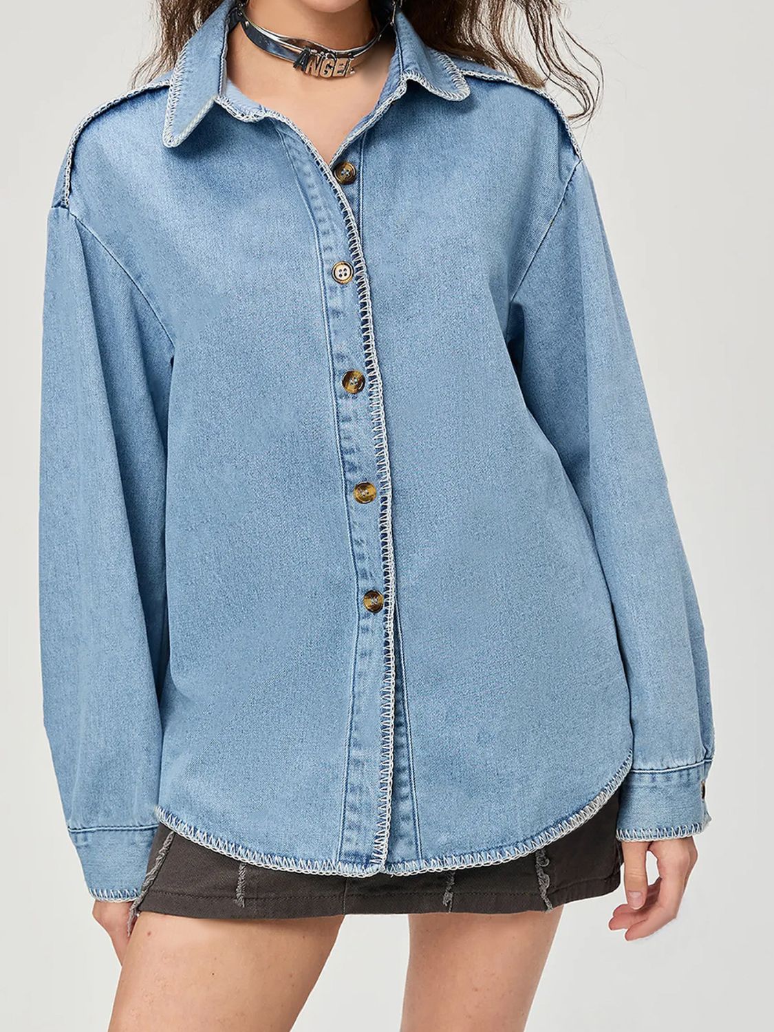 Button Up Collared Neck Denim Top - ShopEasier