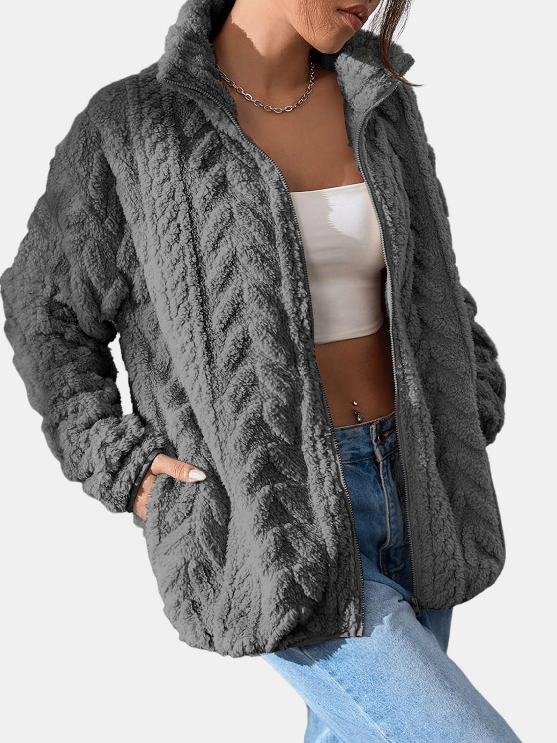 Fuzzy Zip Up Long Sleeve Jacket - ShopEasier