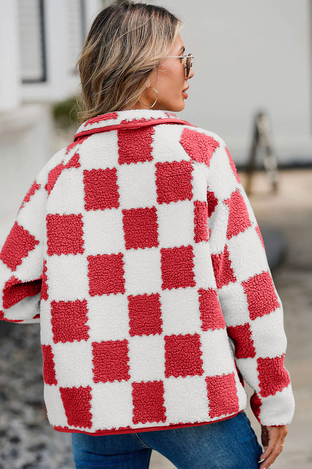 Checkered Snap Down Long Sleeve Teddy Jacket - ShopEasier