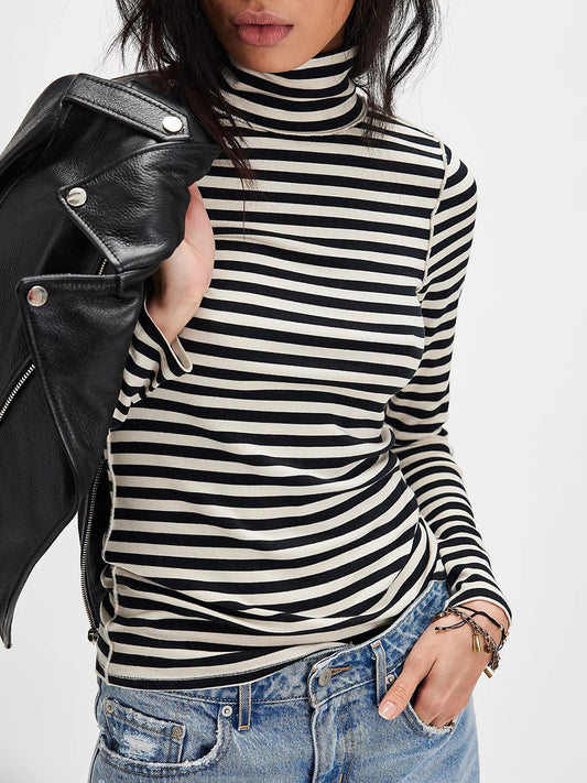 Striped Turtleneck Long Sleeve Tee with Exposed Seams