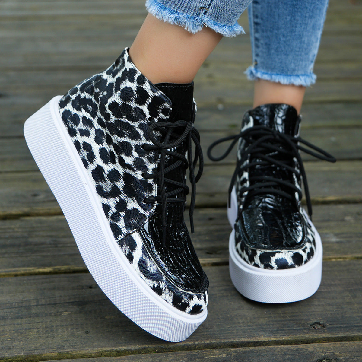 PU Leather Leopard Platform Sneakers - ShopEasier