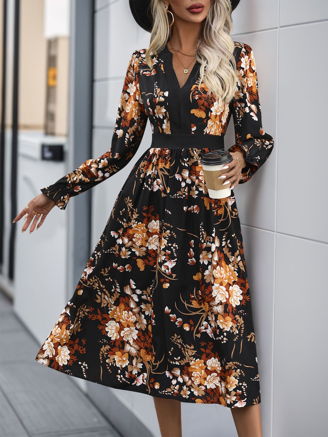 Perfee Printed Notched Long Sleeve Midi Dress - ShopEasier