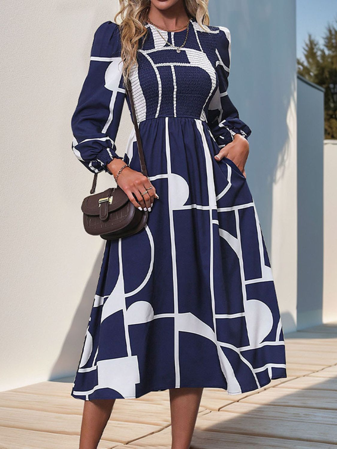 Perfee Smocked Color Block Long Sleeve Midi Dress - ShopEasier