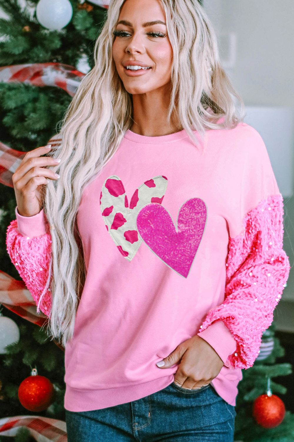 Sparkling Heart Sequin Long Sleeve Sweatshirt for Valentine's Day