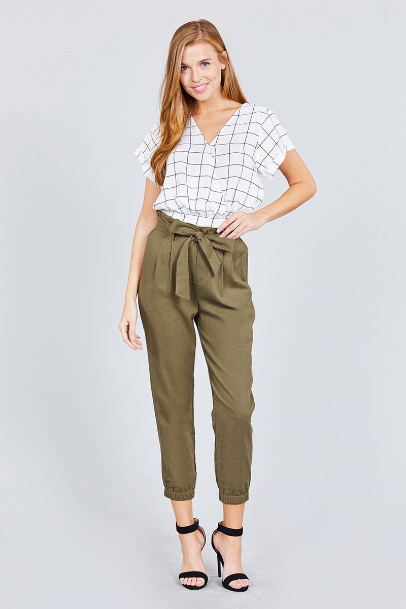 Paperbag W/bow Tie Elastic Hem Long Linen Pants - ShopEasier