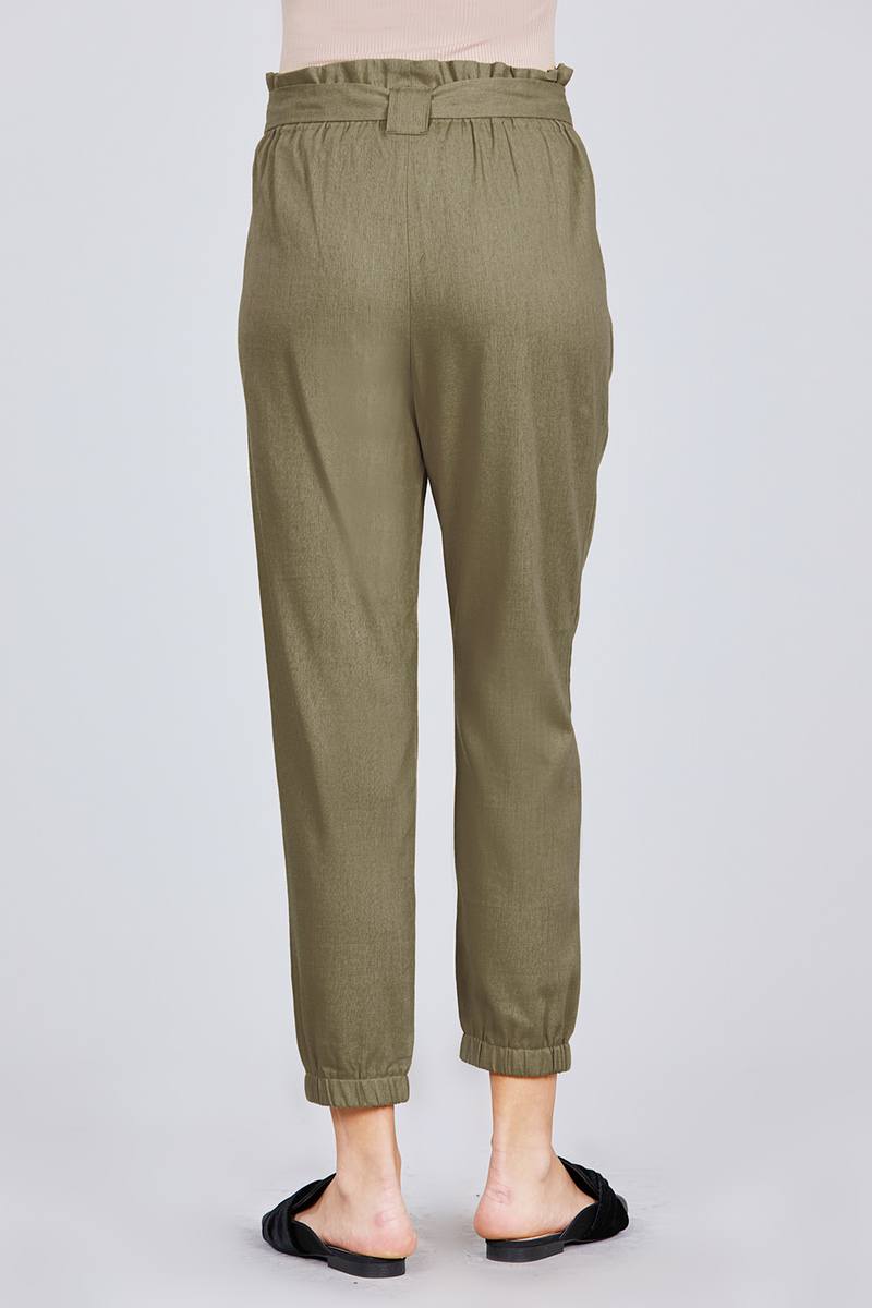 Paperbag W/bow Tie Elastic Hem Long Linen Pants - ShopEasier