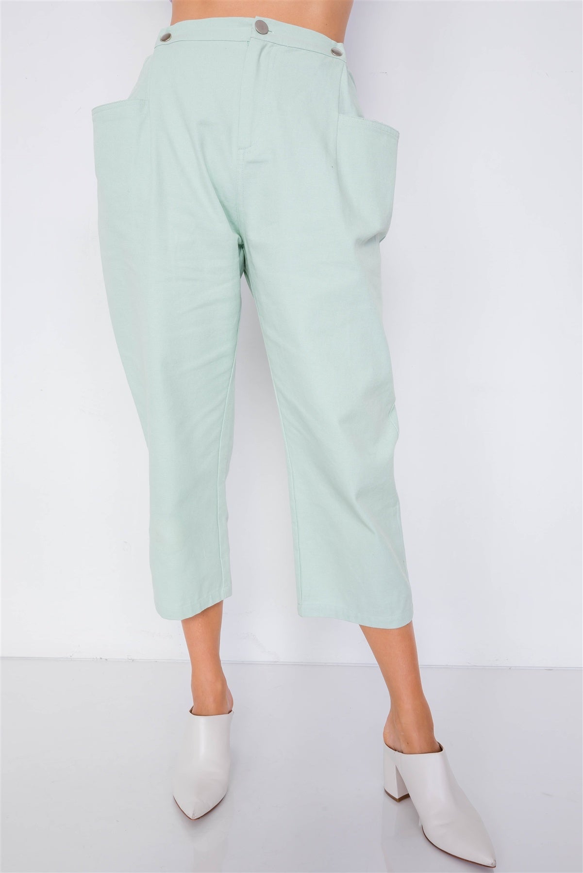 Pastel Chic Solid Ankle Wide Leg Adjustable Snap Waist Pants - ShopEasier