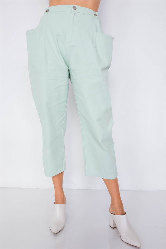 Pastel Chic Solid Ankle Wide Leg Adjustable Snap Waist Pants - ShopEasier