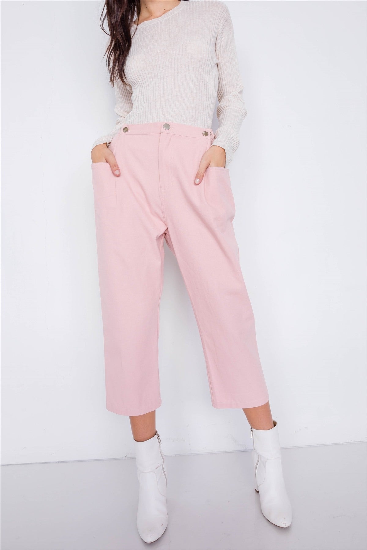 Pastel Chic Solid Ankle Wide Leg Adjustable Snap Waist Pants - ShopEasier