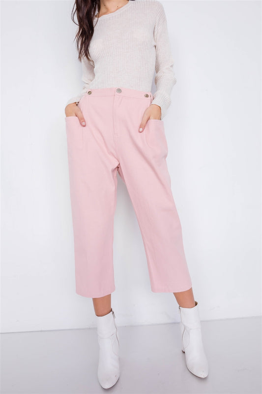 Pastel Chic Solid Ankle Wide Leg Adjustable Snap Waist Pants - ShopEasier