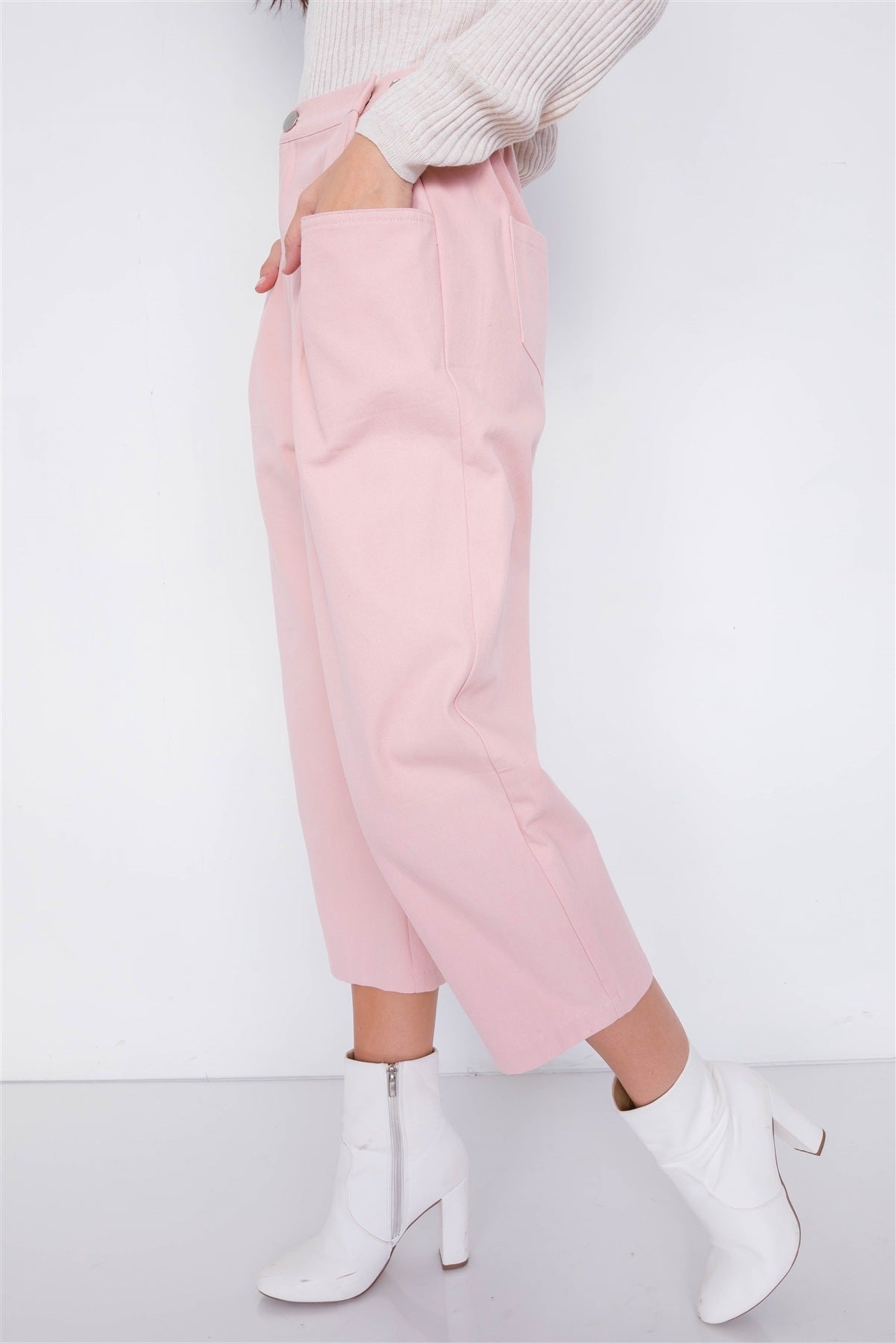 Pastel Chic Solid Ankle Wide Leg Adjustable Snap Waist Pants - ShopEasier