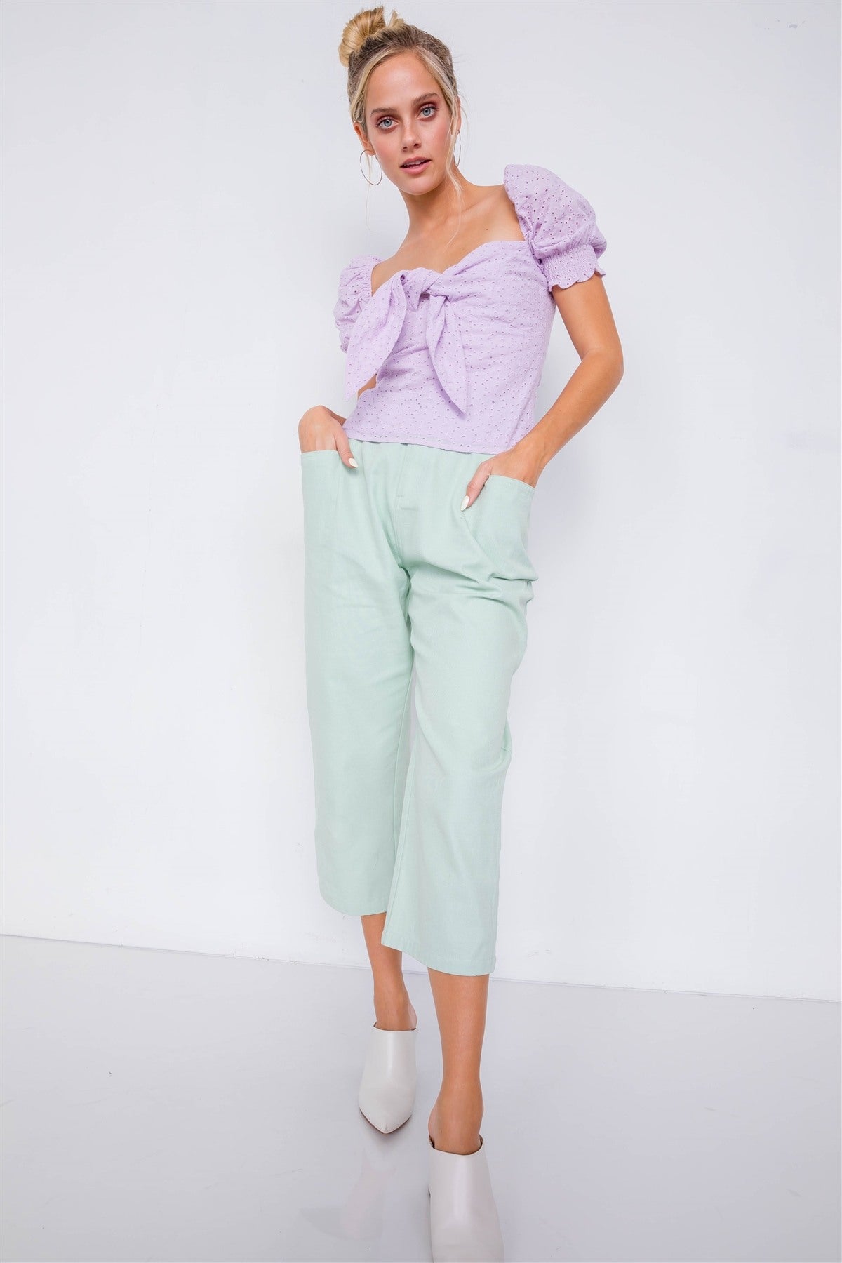 Pastel Chic Solid Ankle Wide Leg Adjustable Snap Waist Pants - ShopEasier