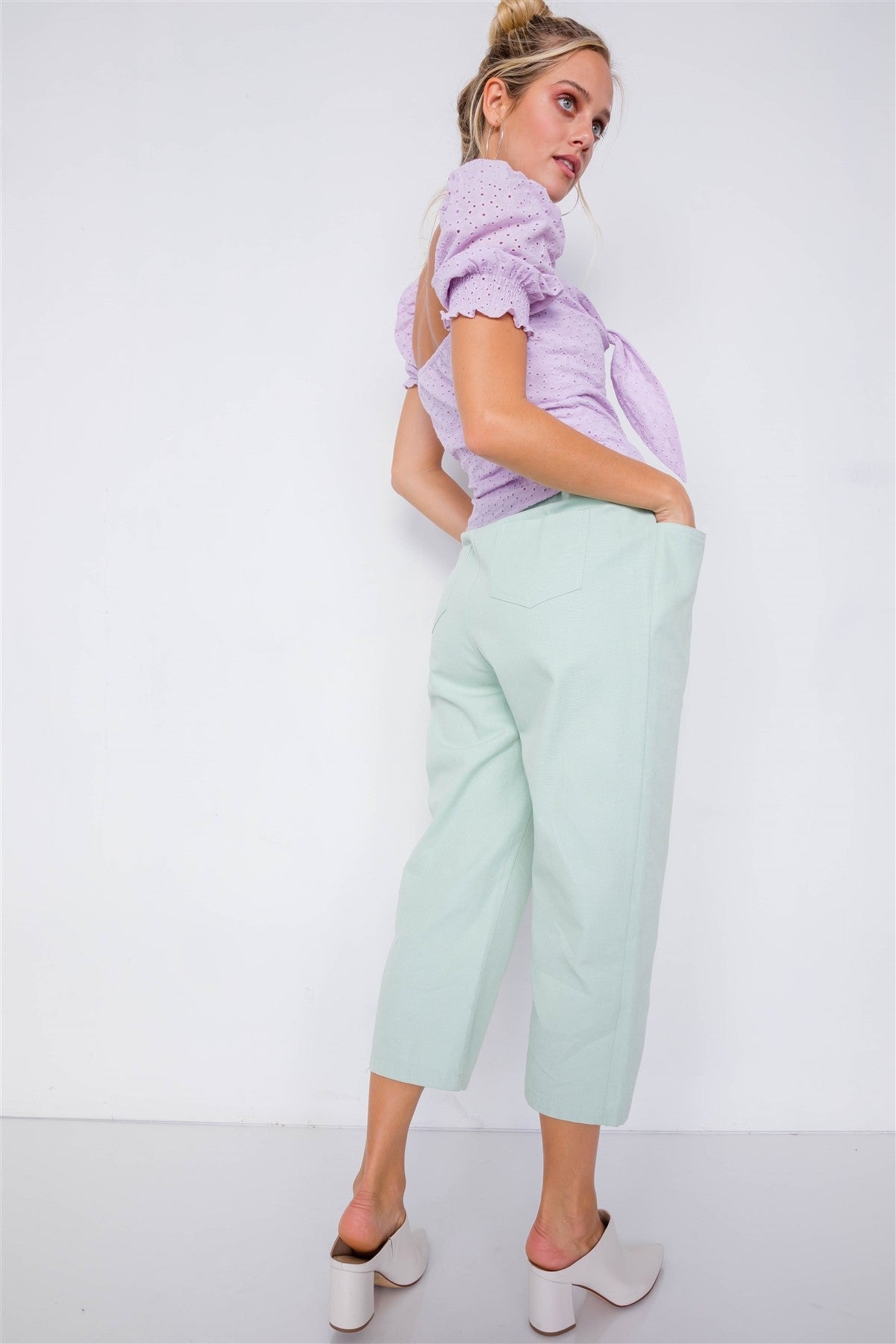 Pastel Chic Solid Ankle Wide Leg Adjustable Snap Waist Pants - ShopEasier