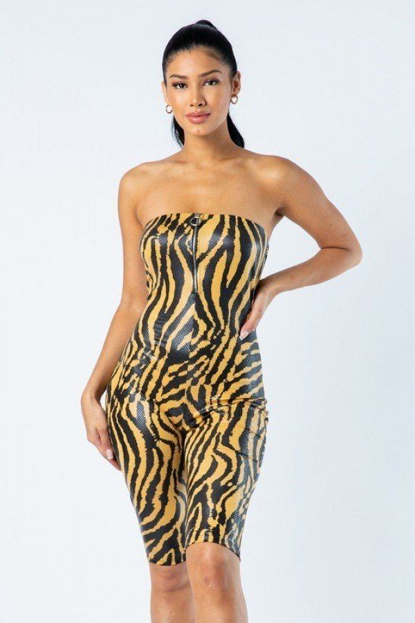 Zebra Print Tube Romper With Front O Ring Zipper Detail - ShopEasier