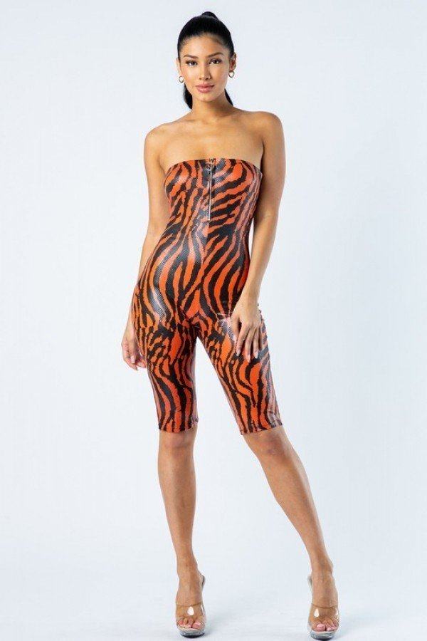 Zebra Print Tube Romper With Front O Ring Zipper Detail - ShopEasier