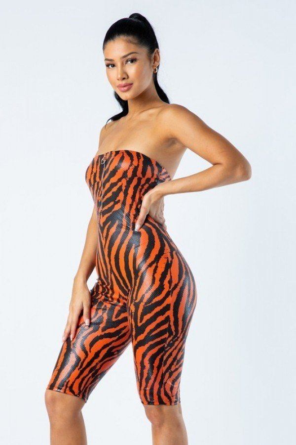 Zebra Print Tube Romper With Front O Ring Zipper Detail - ShopEasier